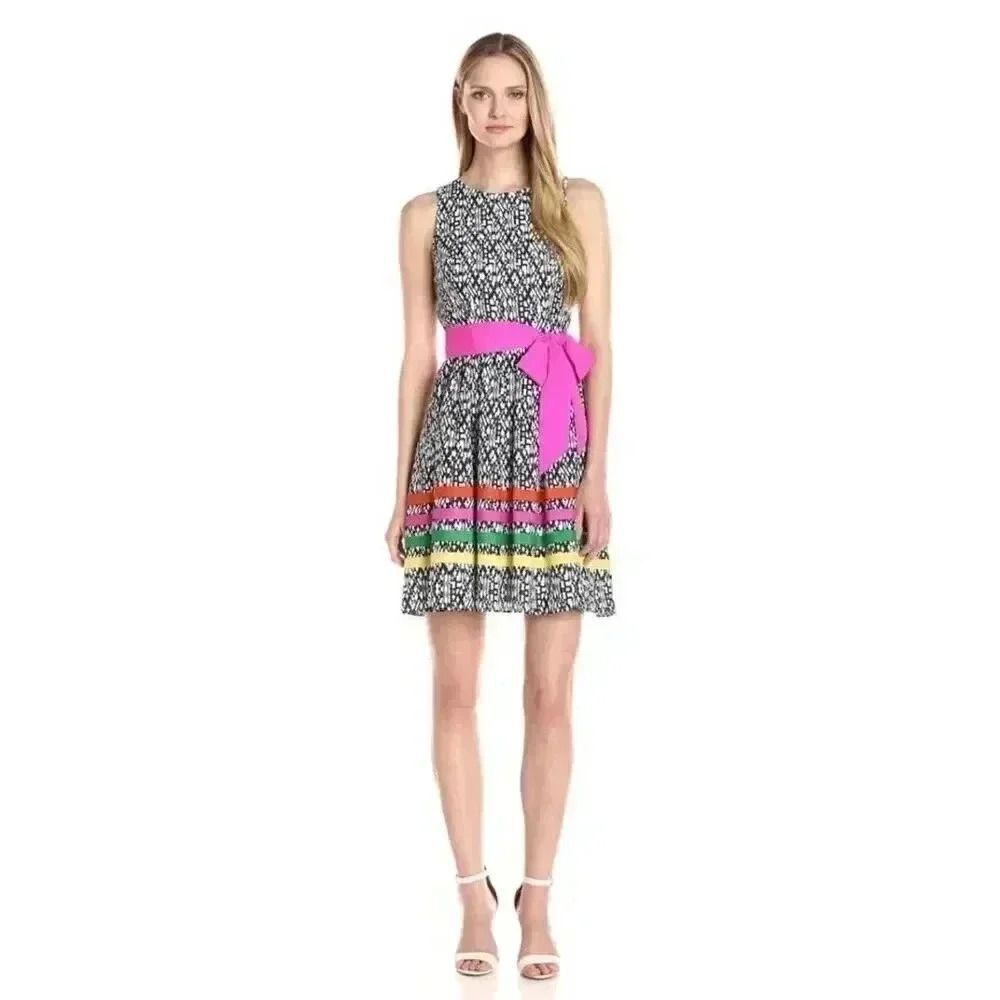 Eliza J Women's Navy & White Poly Print Colorful Striped Ribbons Pink Sash Sleev